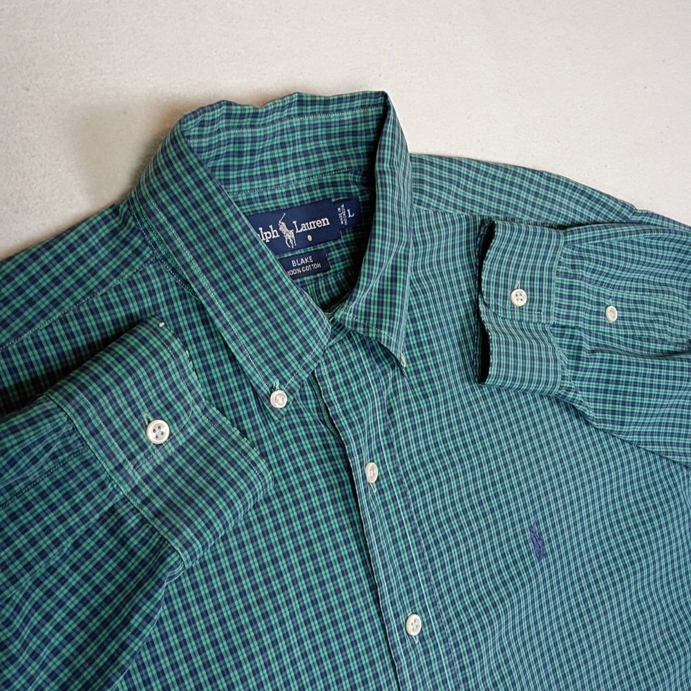 Ralph Lauren Blake Mens Large Green Navy Blue Check Cotton Button Down Shirt